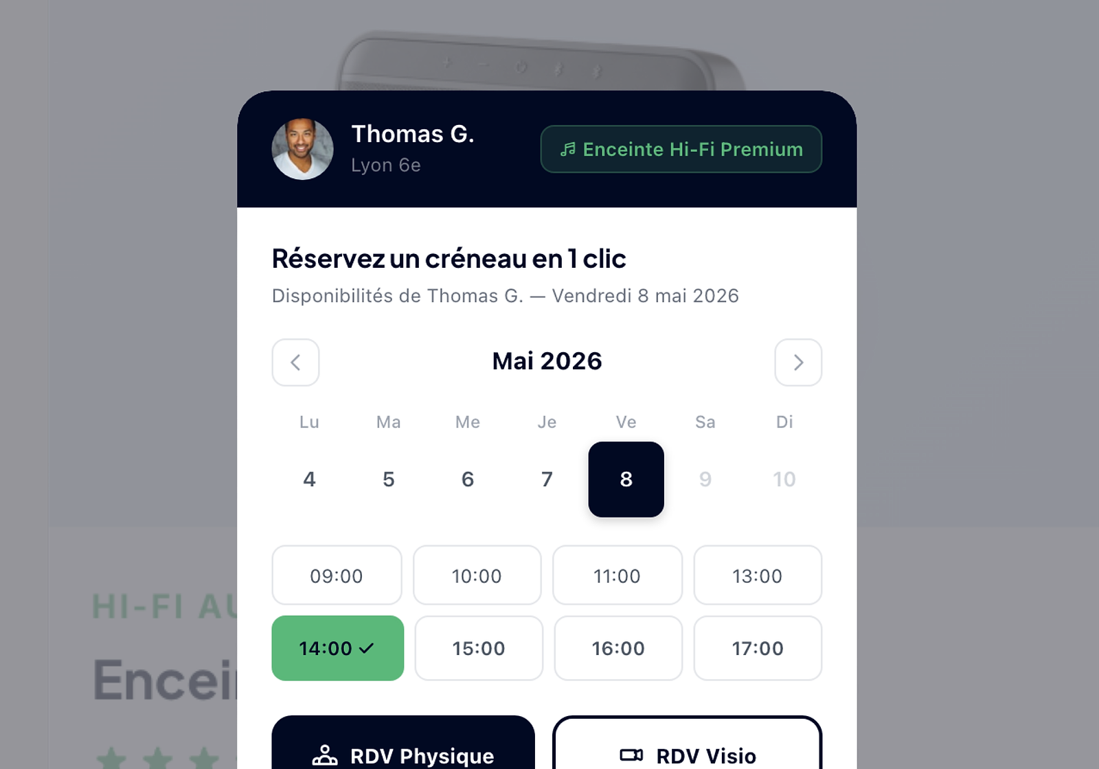 Interface de réservation d'un essai chez un ambassadeur Trÿbu